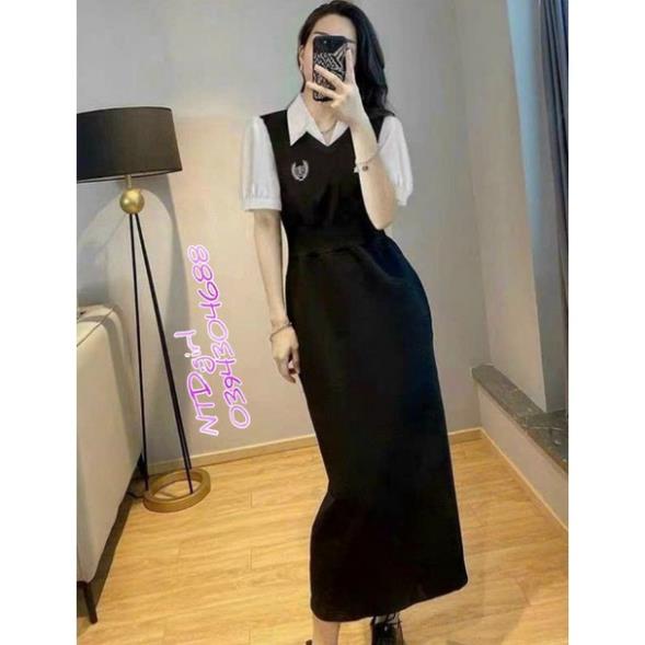 (9823) Hàng nhập - Đầm dáng ôm form dài cổ sơ mi, váy ôm tay ngắn phối màu trắng đen