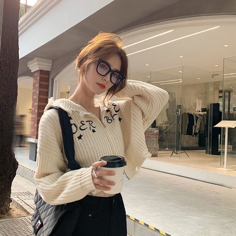Jiashucheng Áo Khoác Cardigan Dệt Kim Dáng Rộng Ngắn Có Khóa Kéo Thêu Chữ Phong Cách Hàn Quốc Thời Trang Mùa Thu 2023 Mới