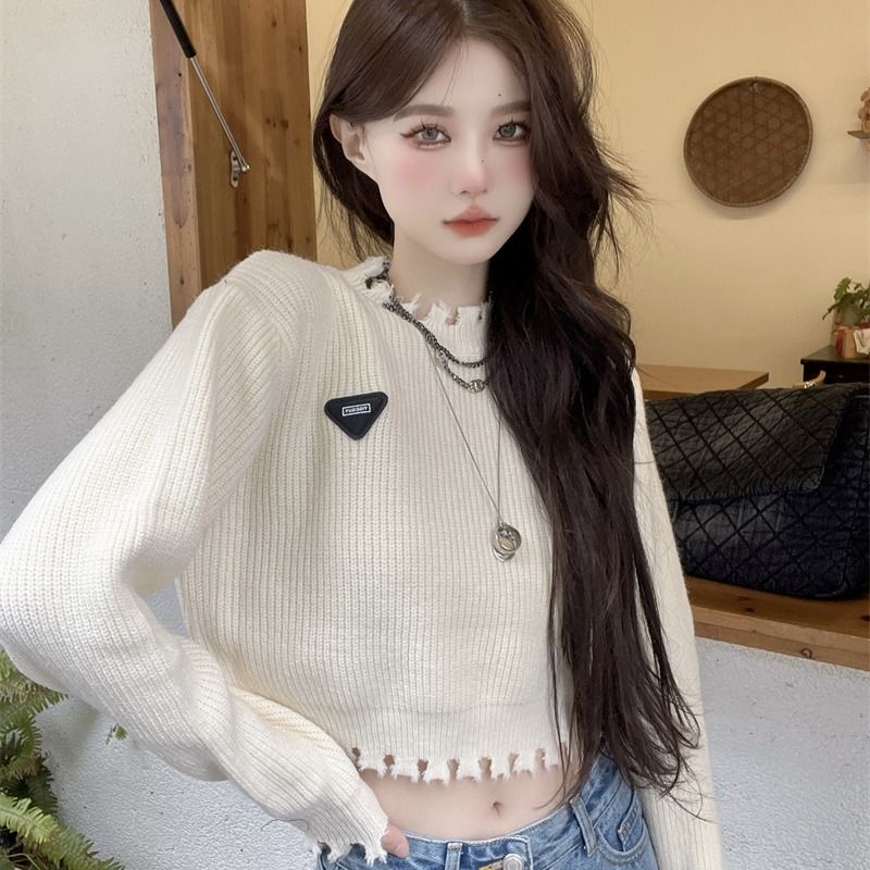 Jiashucheng Áo Sweater Dệt Kim Mỏng Tay Dài Dáng Rộng Ngắn Phối Tua Rua Thời Trang Thu Đông Cho Nữ