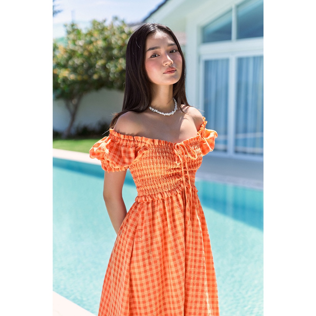 DOTTIE - Đầm dài gingham nhún thun - Cam - D0495