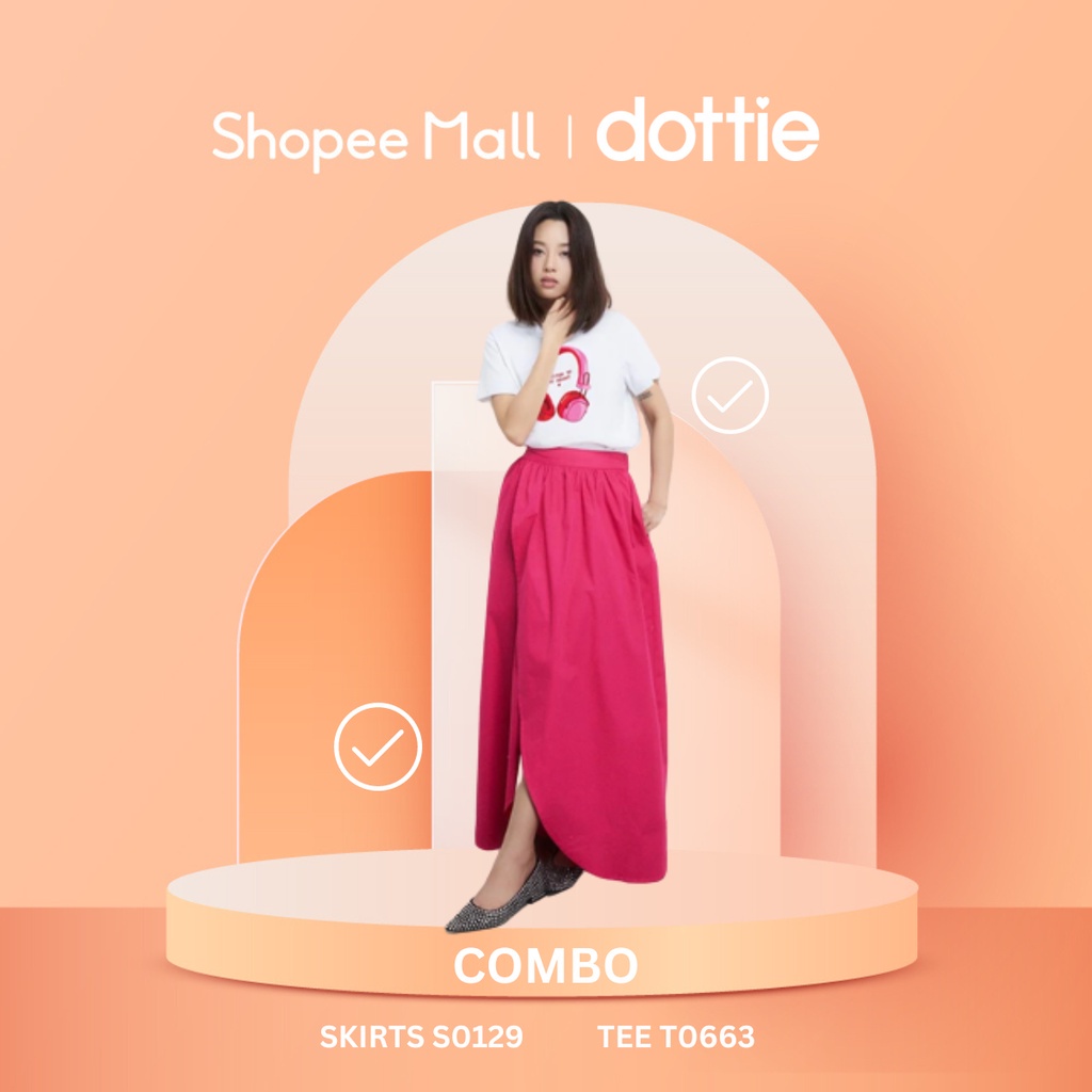 DOTTIE Áo thun in headphone T0663 + Chân váy dài dáng hoa tulip nữ hồng đậm S0129