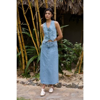 DOTTIE - Chân váy jeans dài cắt gấu - Xanh nhạt - S0163