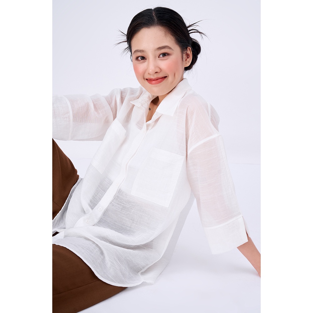 DOTTIE - Áo sơmi vải organza tay ngắn nữ - Trắng - T0448