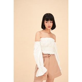 Dottie- áo nhún thun trễ vai trắng nữ t0219