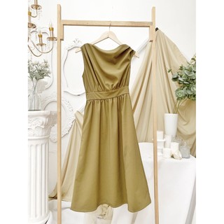 Dottie - đầm midi lệch vai xanh olive nữ d0049