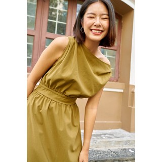 DOTTIE - Đầm Midi Lệch Vai Xanh Olive Nữ D0049