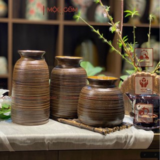 Bình cắm hoa gốm sứ Bát Tràng men nâu mộc vai vuông vintage trang trí phòng khách đẹp Mộc Gốm MG156 