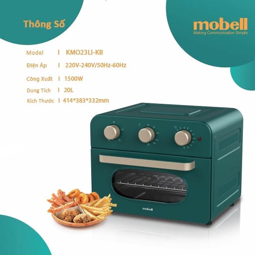Nồi Chiên Không Dầu Kiêm Lò Nướng 2in1 Mobell KMO23LI-KB Dung tích 20L Chính Hãng Công Suất 1500W Bảo Hành 12 Tháng