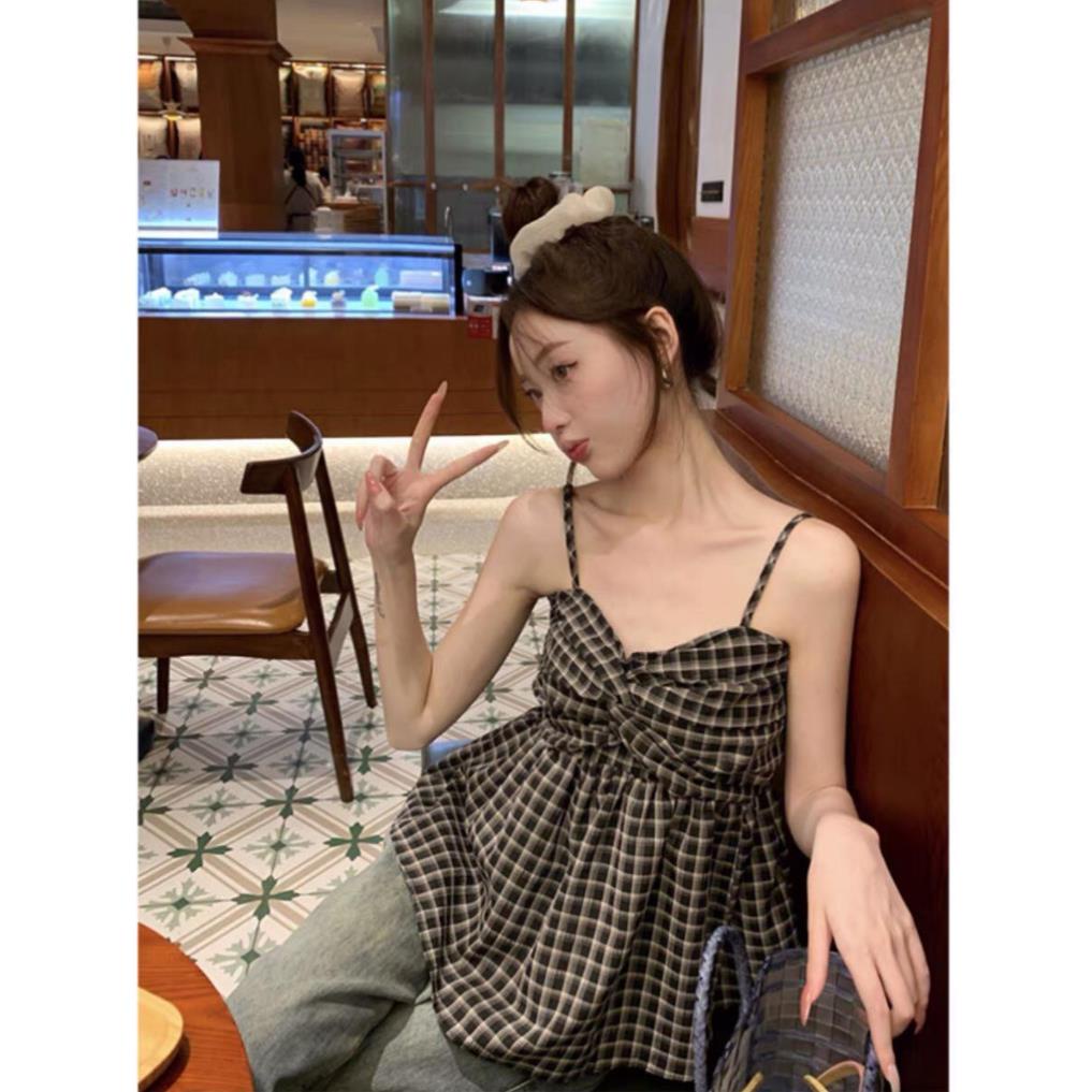 Áo 2 Dây Babydoll Kẻ Caro Nơ Ngực Chun Lưng Tiểu Thư, Áo 2 Dây Xoắn Ngực Phối Kẻ Kiểu Dáng Bánh Bèo Hàn Quốc nữ tính