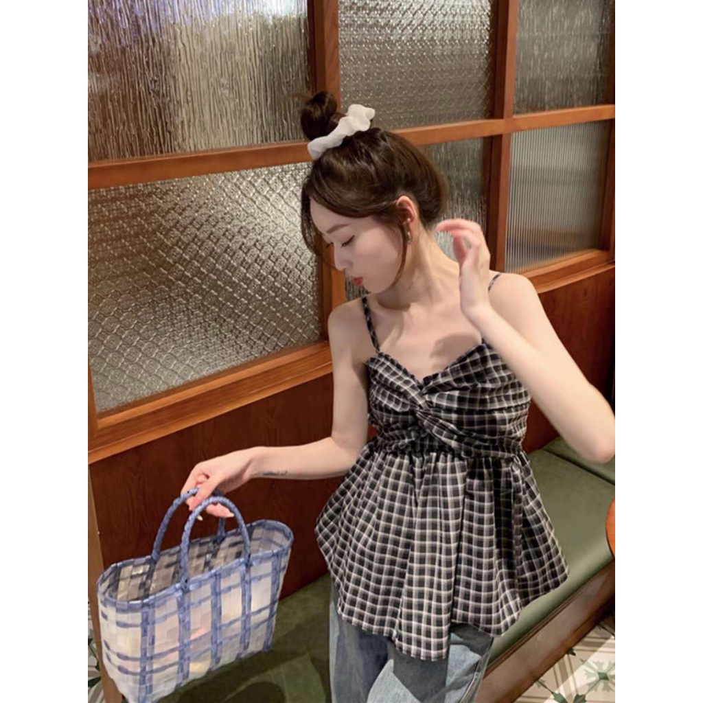 Áo 2 Dây Babydoll Kẻ Caro Nơ Ngực Chun Lưng Tiểu Thư, Áo 2 Dây Xoắn Ngực Phối Kẻ Kiểu Dáng Bánh Bèo Hàn Quốc nữ tính