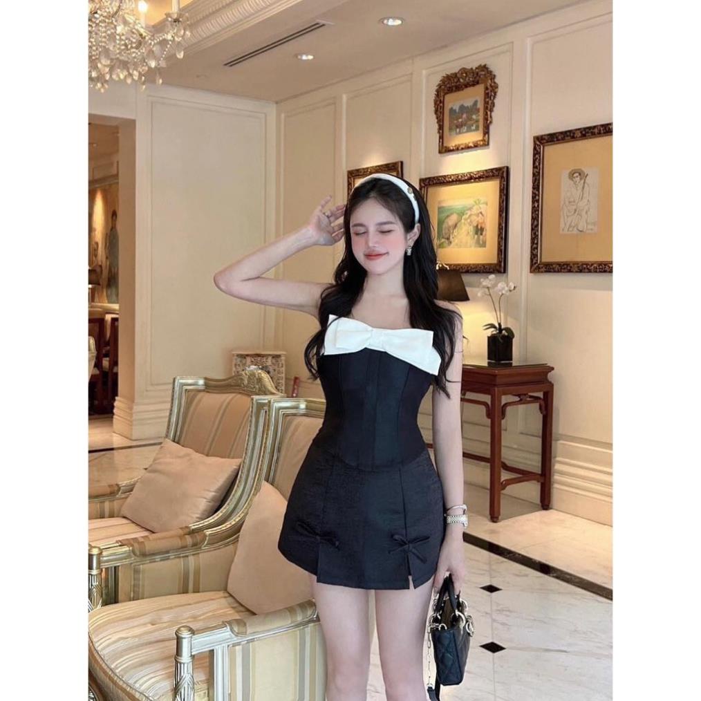 Set áo quây cup ngực đính nơ chất tafta kèm chân váy chữ A sang chảnh, Áo quây tag nơ mix chân váy ngắn tôn dáng - SP