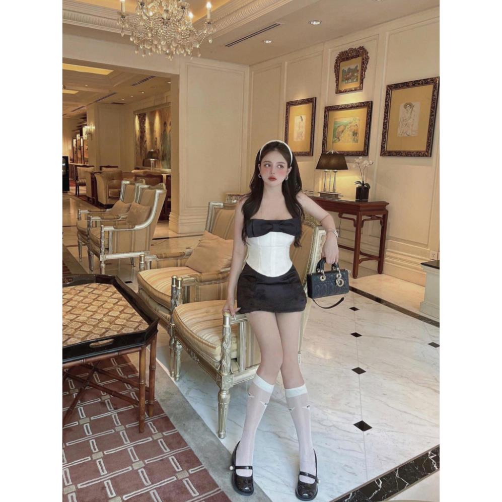 Set áo quây cup ngực đính nơ chất tafta kèm chân váy chữ A sang chảnh, Áo quây tag nơ mix chân váy ngắn tôn dáng - SP