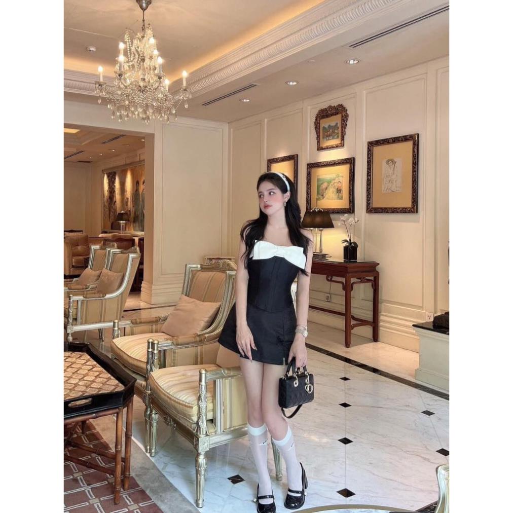 Set áo quây cup ngực đính nơ chất tafta kèm chân váy chữ A sang chảnh, Áo quây tag nơ mix chân váy ngắn tôn dáng - SP