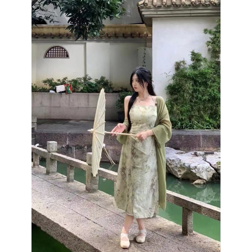 Váy treo hơi béo mm pháp tinh khiết mong muốn mới của trung quốc treo cổ dây đeo cổ váy hoa nữ mùa hè mỏng sunscr