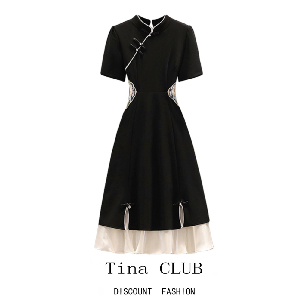 Váy treo tina club kích thước lớn phụ nữ mùa hè hơi béo mm mỏng tính khí mới sườn xám trung quốc cải tiến blac