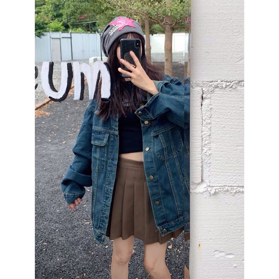 Áo khoác bò trơn dáng rộng 2 túi hộp trẻ trung ulzzang, Áo khoác jean unisex dài tay kiểu dáng năng động siêu đẹp