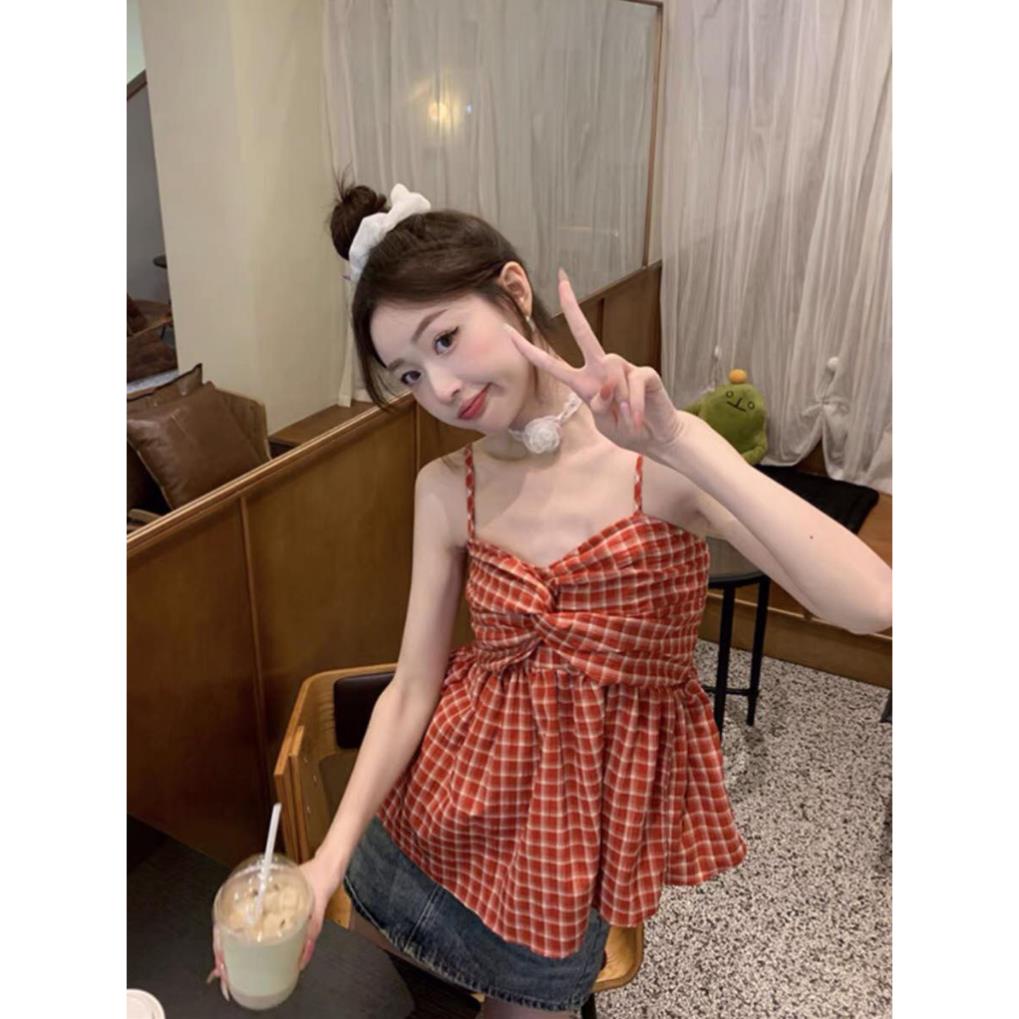 Áo 2 Dây Babydoll Kẻ Caro Nơ Ngực Chun Lưng Tiểu Thư, Áo 2 Dây Xoắn Ngực Phối Kẻ Kiểu Dáng Bánh Bèo Hàn Quốc nữ tính