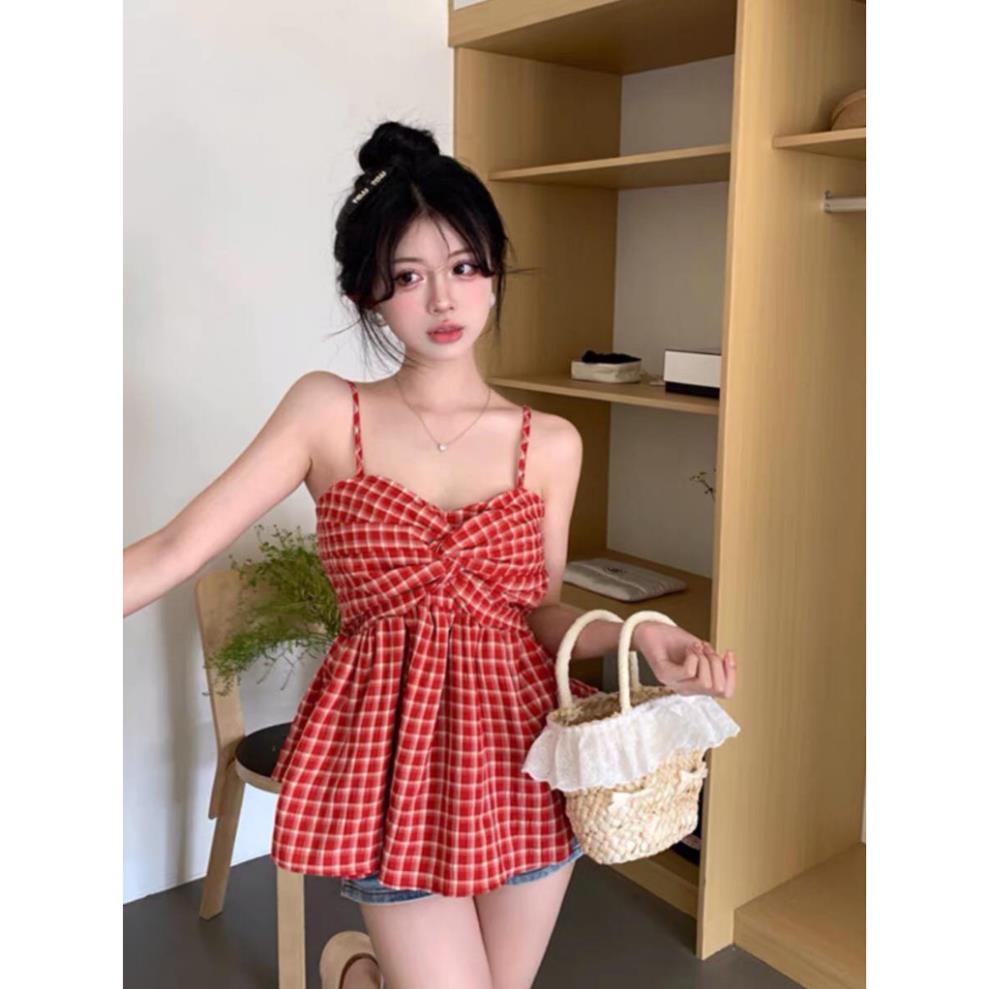 Áo 2 Dây Babydoll Kẻ Caro Nơ Ngực Chun Lưng Tiểu Thư, Áo 2 Dây Xoắn Ngực Phối Kẻ Kiểu Dáng Bánh Bèo Hàn Quốc nữ tính