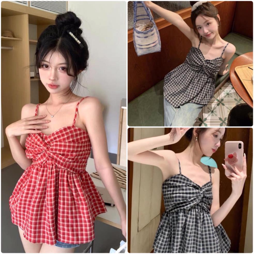 Áo 2 Dây Babydoll Kẻ Caro Nơ Ngực Chun Lưng Tiểu Thư, Áo 2 Dây Xoắn Ngực Phối Kẻ Kiểu Dáng Bánh Bèo Hàn Quốc nữ tính