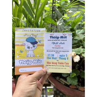 Combo 20 thiệp mời thôi nôi, sinh nhật đầy tháng mèo trai in sẵn tên bé