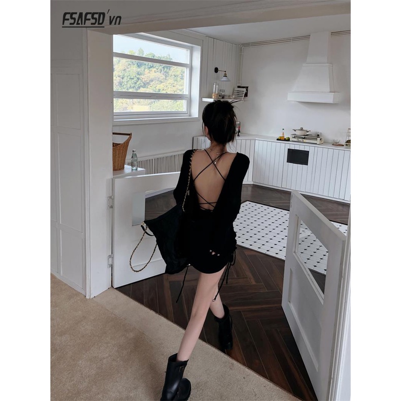 Áo Sweater Dệt Kim Tay Dài Dáng Rộng Hở Lưng Phong Cách Thời Trang Mới 2023