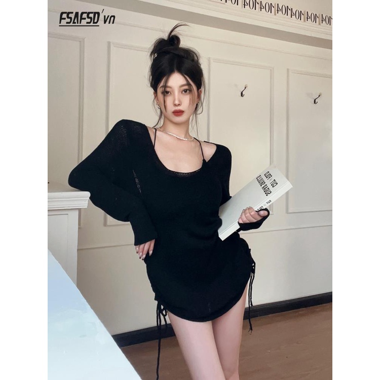 Áo Sweater Dệt Kim Tay Dài Dáng Rộng Hở Lưng Phong Cách Thời Trang Mới 2023