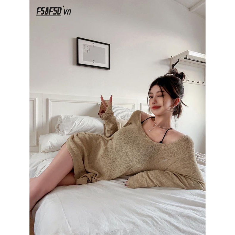 Áo Sweater Dệt Kim Tay Dài Dáng Rộng Hở Lưng Phong Cách Thời Trang Mới 2023