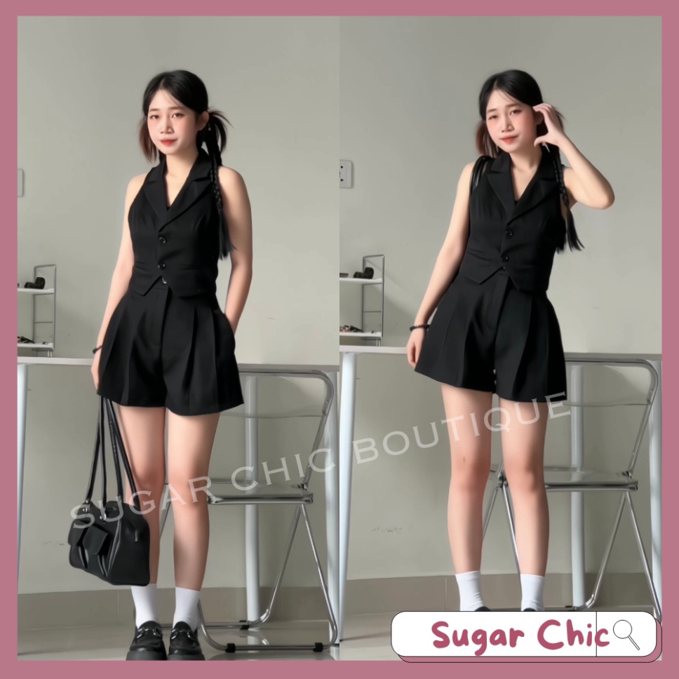 Set vest cộc tay phối quần short thời trang, Set áo sát nách quần đùi cá tính công sở, set vest dễ thương sang trọng - H