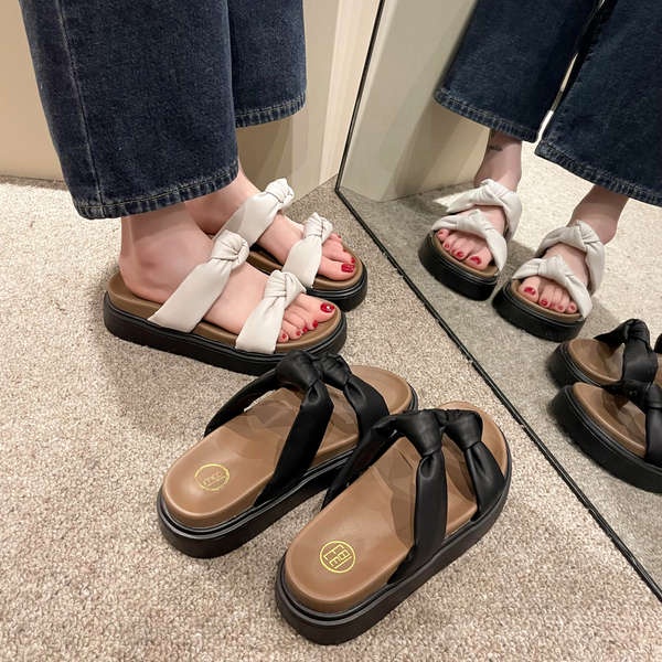 Dép Đế Dày Hở Ngón Đính Nơ Xinh Xắn Thời Trang Mùa Hè Theo Phong Cách Retro Cho Nữ