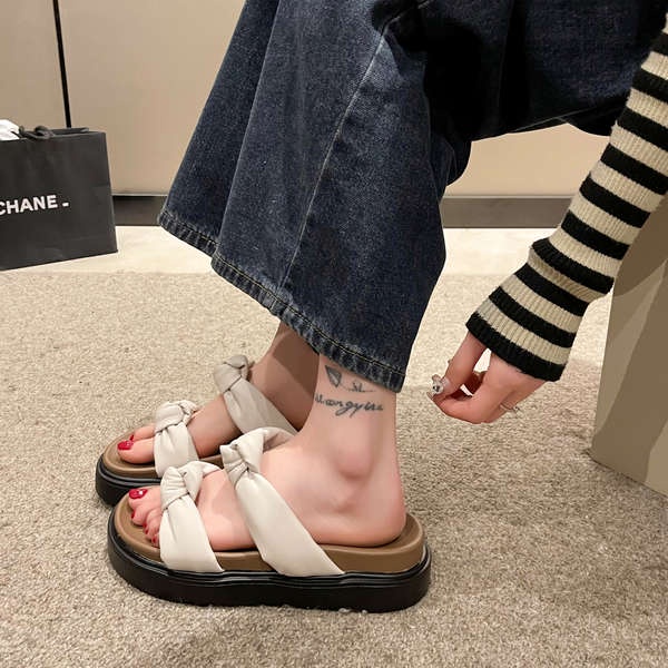 Dép Đế Dày Hở Ngón Đính Nơ Xinh Xắn Thời Trang Mùa Hè Theo Phong Cách Retro Cho Nữ