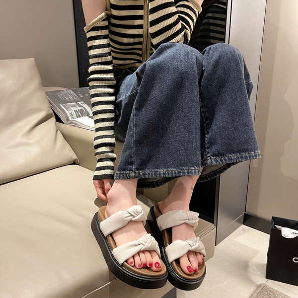 Dép Đế Dày Hở Ngón Đính Nơ Xinh Xắn Thời Trang Mùa Hè Theo Phong Cách Retro Cho Nữ