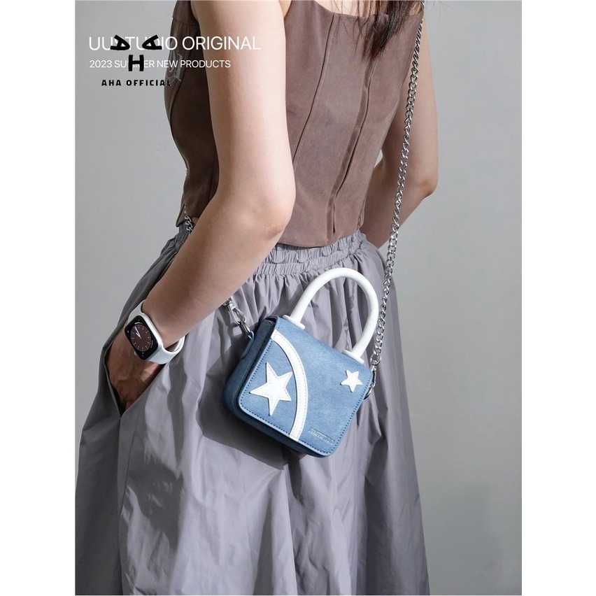 Túi Đeo Chéo Denim Mini Phối Dây Xích Thời Trang Mùa Hè Dành Cho Nữ