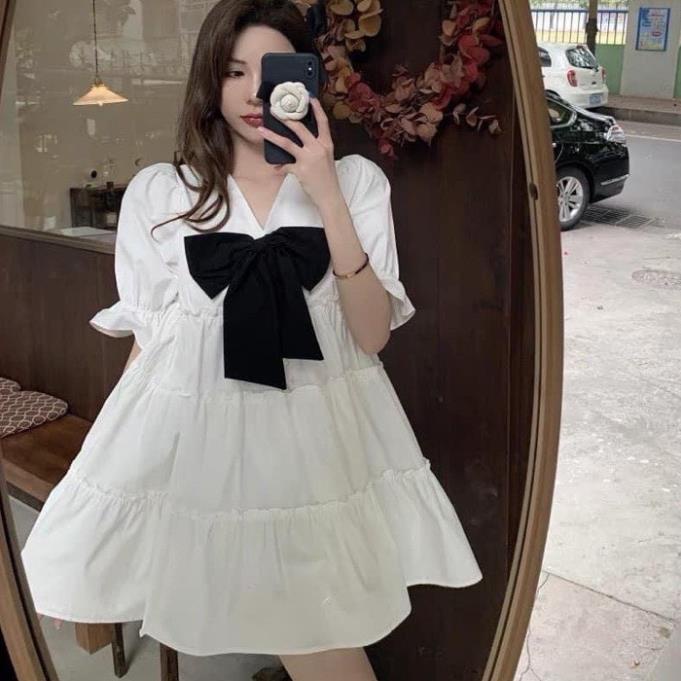 Đầm babydoll dáng xoè cổ V phối nơ, váy tiểu thư bánh bèo sang chảnh phong cách Hàn Quốc