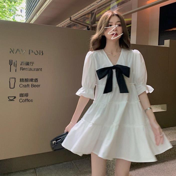 Đầm babydoll dáng xoè cổ V phối nơ, váy tiểu thư bánh bèo sang chảnh phong cách Hàn Quốc