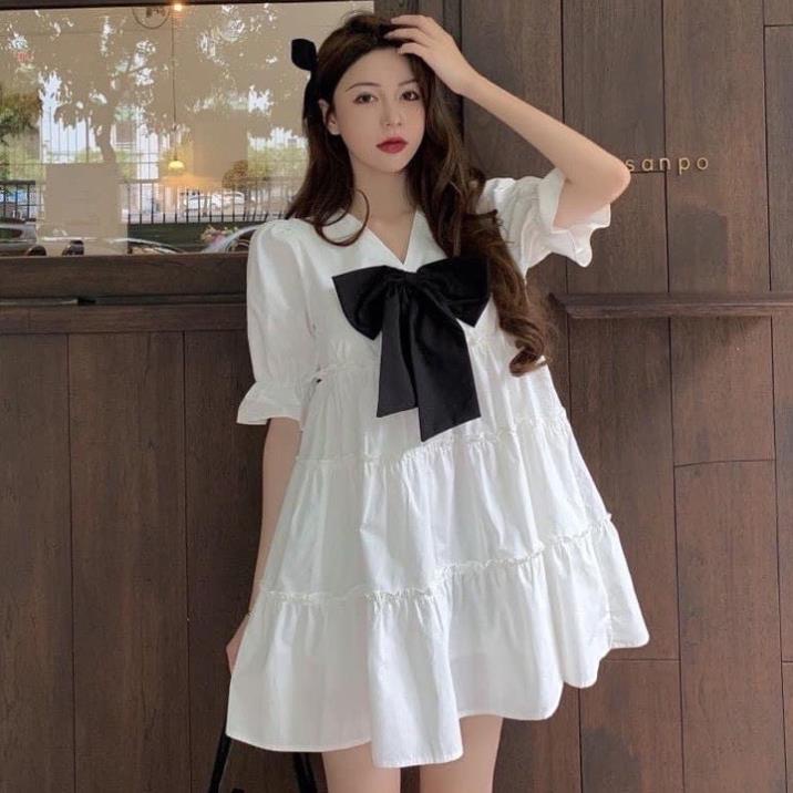 Đầm babydoll dáng xoè cổ V phối nơ, váy tiểu thư bánh bèo sang chảnh phong cách Hàn Quốc