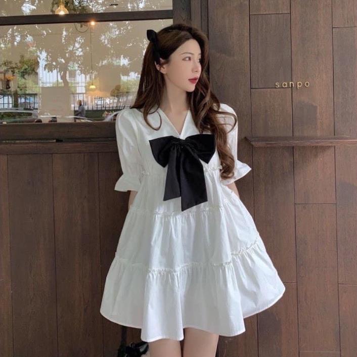 Đầm babydoll dáng xoè cổ V phối nơ, váy tiểu thư bánh bèo sang chảnh phong cách Hàn Quốc