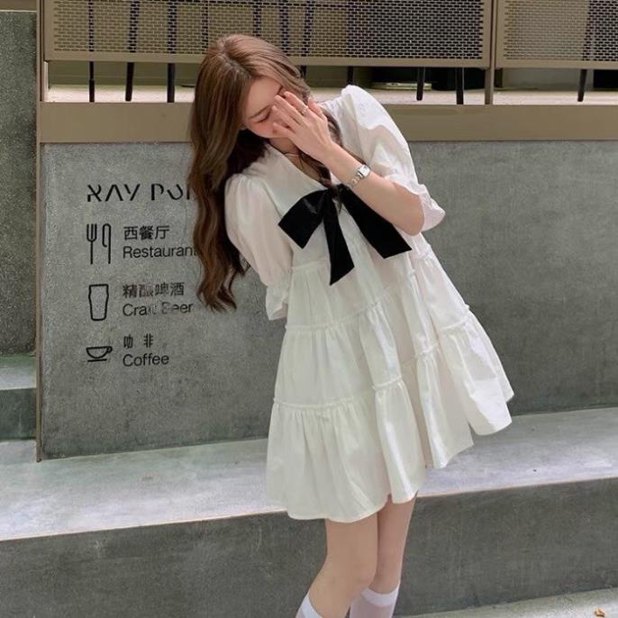 Đầm babydoll dáng xoè cổ V phối nơ, váy tiểu thư bánh bèo sang chảnh phong cách Hàn Quốc