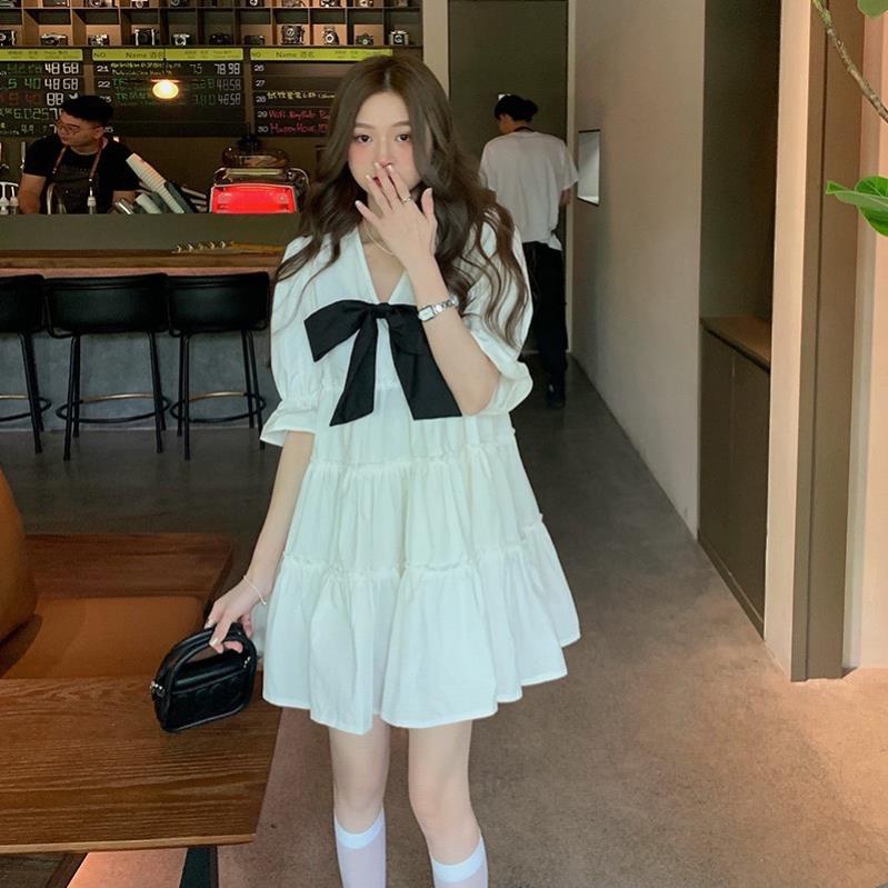 Đầm babydoll dáng xoè cổ V phối nơ, váy tiểu thư bánh bèo sang chảnh phong cách Hàn Quốc