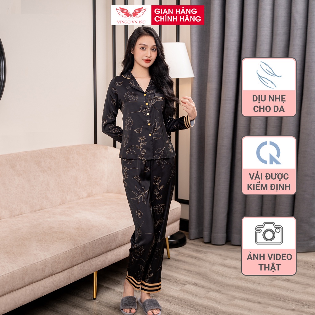 Pijama lụa cao cấp đồ bộ ngủ mặc nhà mùa Thu Đông VINGO tay dài quần dài màu đen hoa vàng sang chảnh H923 VNGO