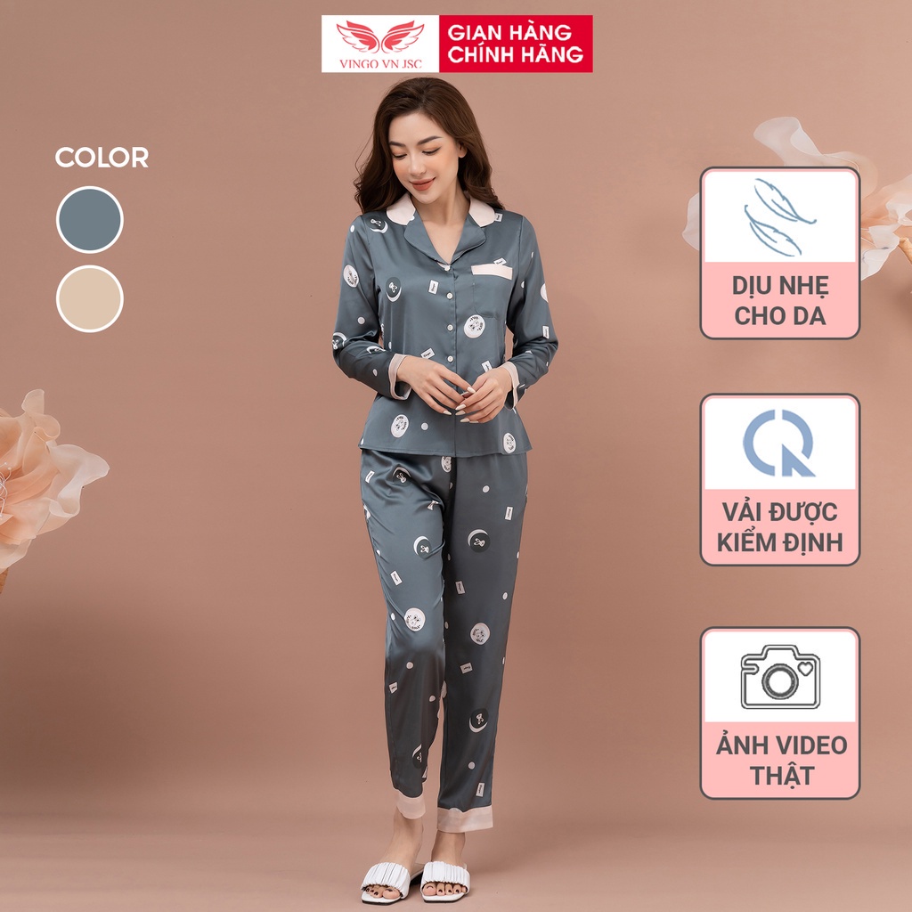 Pijama lụa cao cấp đồ bộ ngủ mặc nhà mùa Thu Đông VINGO tay dài quần dài 2 màu vàng và xanh thanh lịch H911 VNGO