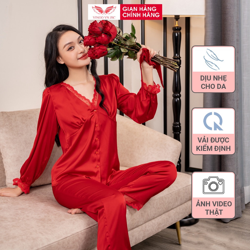 Pijama lụa cao cấp đồ bộ ngủ mặc nhà mùa Đông Xuân VINGO tay dài quần dài cổ V phối ren tinh tế thanh lịch H892 VNGO