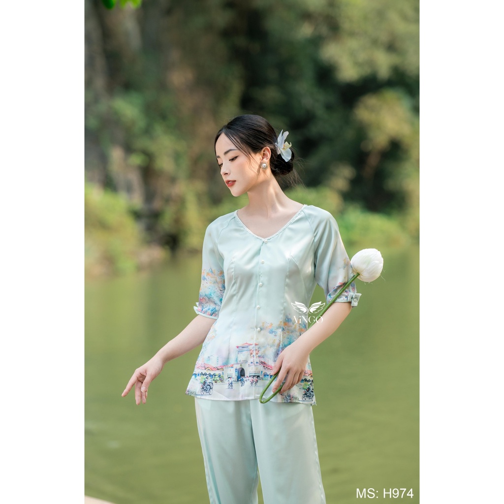 Bộ Pijama Bến Thành Lụa Pháp VINGO dáng áo bà ba cách tân đính ngọc quần dài màu xanh ngọc H974 VNGO