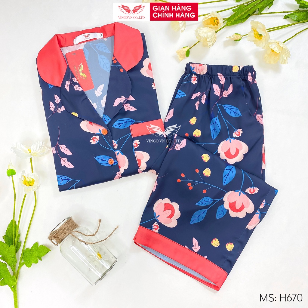 Đồ bộ nữ pijama mặc nhà lụa cao cấp mùa hè VINGO tay ngắn quần lửng màu xanh than thanh lịch trung niên H670 VNGO