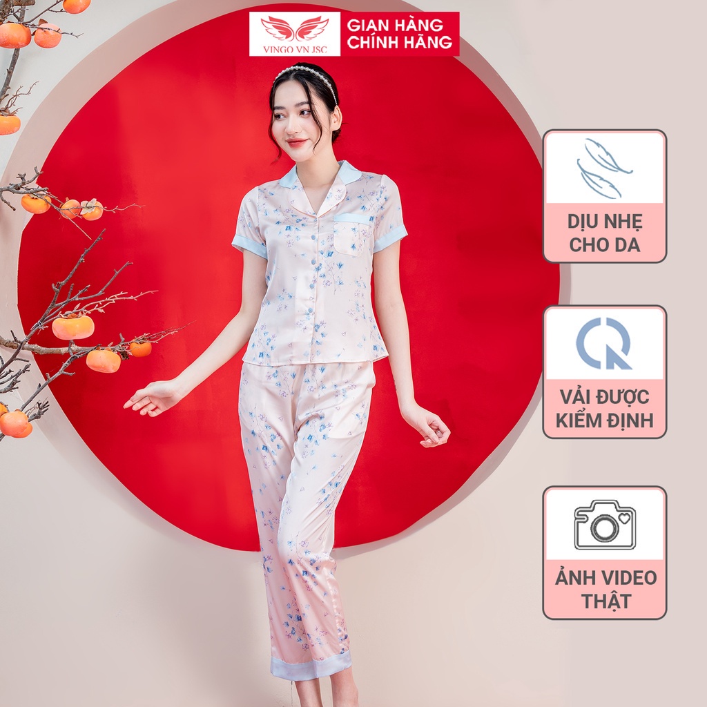 Pijama lụa đồ bộ ngủ mặc nhà cao cấp mùa Thu Đông VINGO tay ngắn quần dài hoa xanh nền be dễ thương H820 VNGO