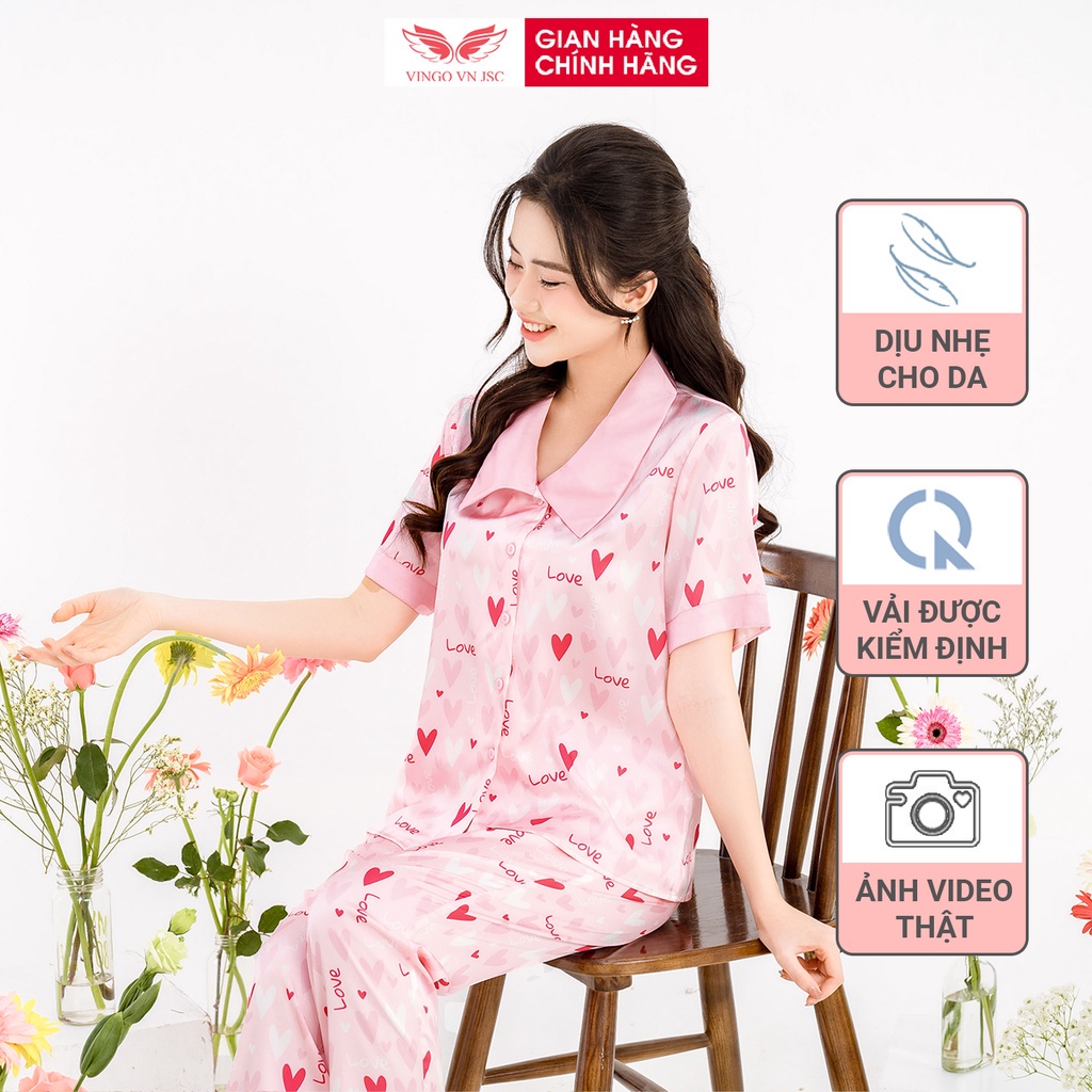 Pijama lụa đồ bộ ngủ mặc nhà cao cấp mùa Thu VINGO tay ngắn quần dài màu hồng hoạ tiết tim dễ thương H853 VNGO