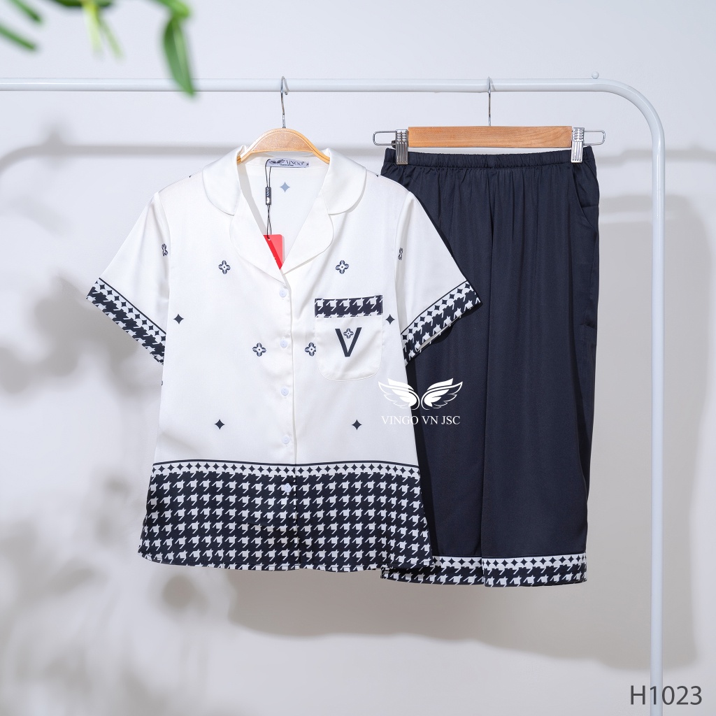 Pijama lụa đồ bộ ngủ mặc nhà cao cấp VINGO áo tay ngắn quần lửng màu đen trắng thanh lịch H1023 VNGO