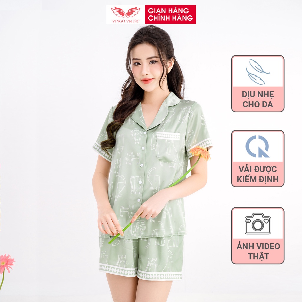 Đồ bộ nữ Pijama mặc nhà Lụa cao cấp mùa hè VINGO tay ngắn quần đùi dáng suông hoạ tiết mèo màu xanh ngọc H955 VNGO