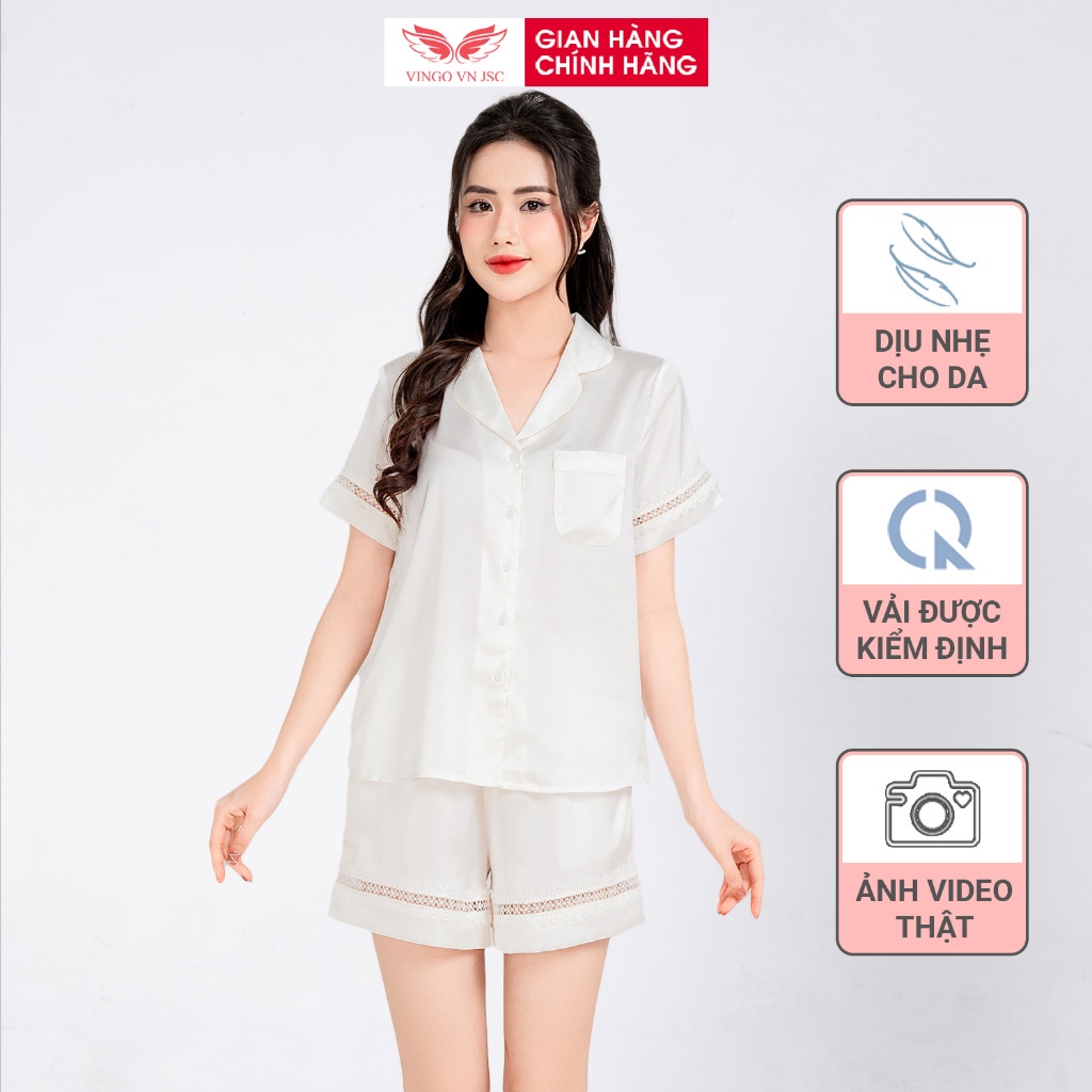 Pijama lụa đồ bộ ngủ mặc nhà cao cấp mùa hè VINGO áo tay ngắn quần đùi dáng suông màu trắng phối ren H939 VNGO