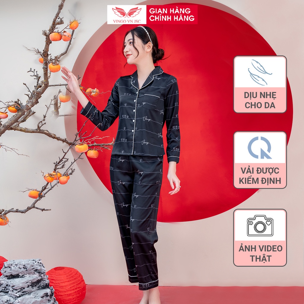 Pijama lụa cao cấp đồ bộ ngủ mặc nhà mùa Thu Đông VINGO tay dài quần dài màu đen chữ trắng thanh lịch H905 VNGO