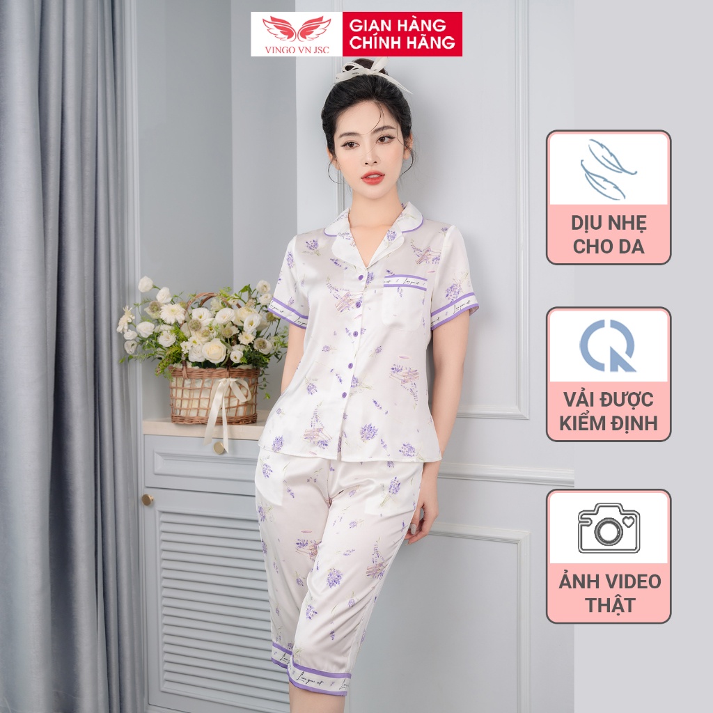 Pijama lụa đồ bộ ngủ mặc nhà cao cấp mùa hè VINGO áo tay ngắn quần lửng hoa Lavender màu tím H1004 VNGO